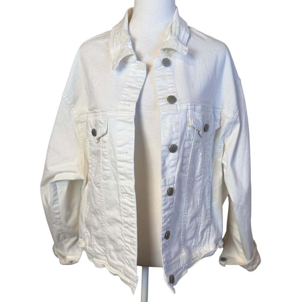 Risen Womens White Denim Jacket Size 1XL Classic Distressed Neutral Casual